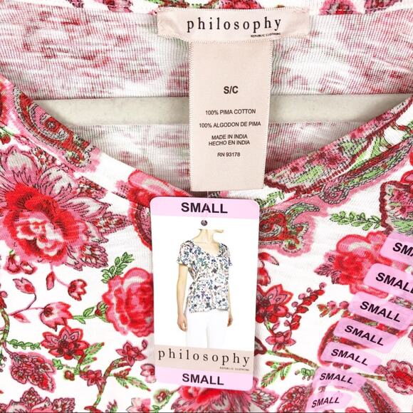 Philosophy NWT Floral Print Pima Cotton Short Sleeve V-Neck Shirt Top Size Small - Picture 3 of 4
